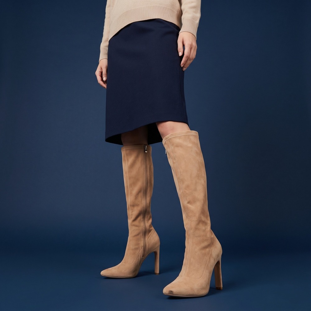 Lulus Tall Boots Womens 7 Loriah High Shaft Tan Faux Suede Stiletto EUC